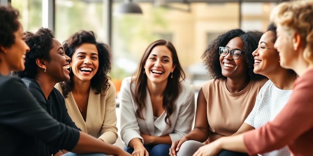 Diverse happy women of different ages and ethnicities sitting in a circle, laughing and talking