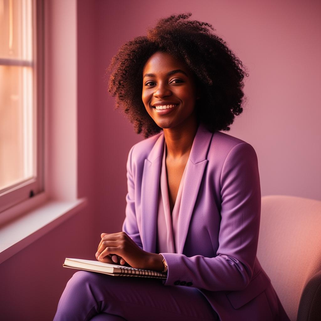 A young Black woman in a lavender blazer smiling warmly with a notebook in her lap
