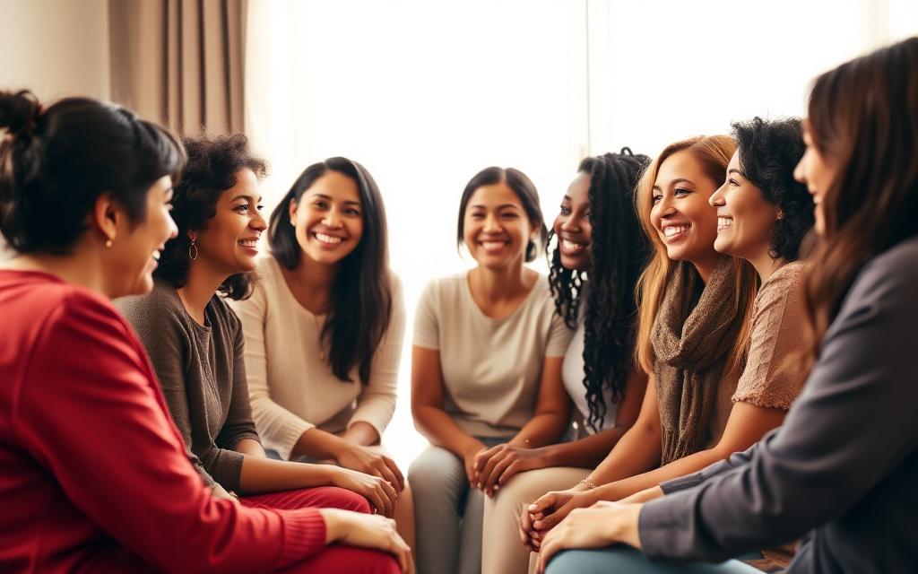 Diverse women sitting in a circle talking